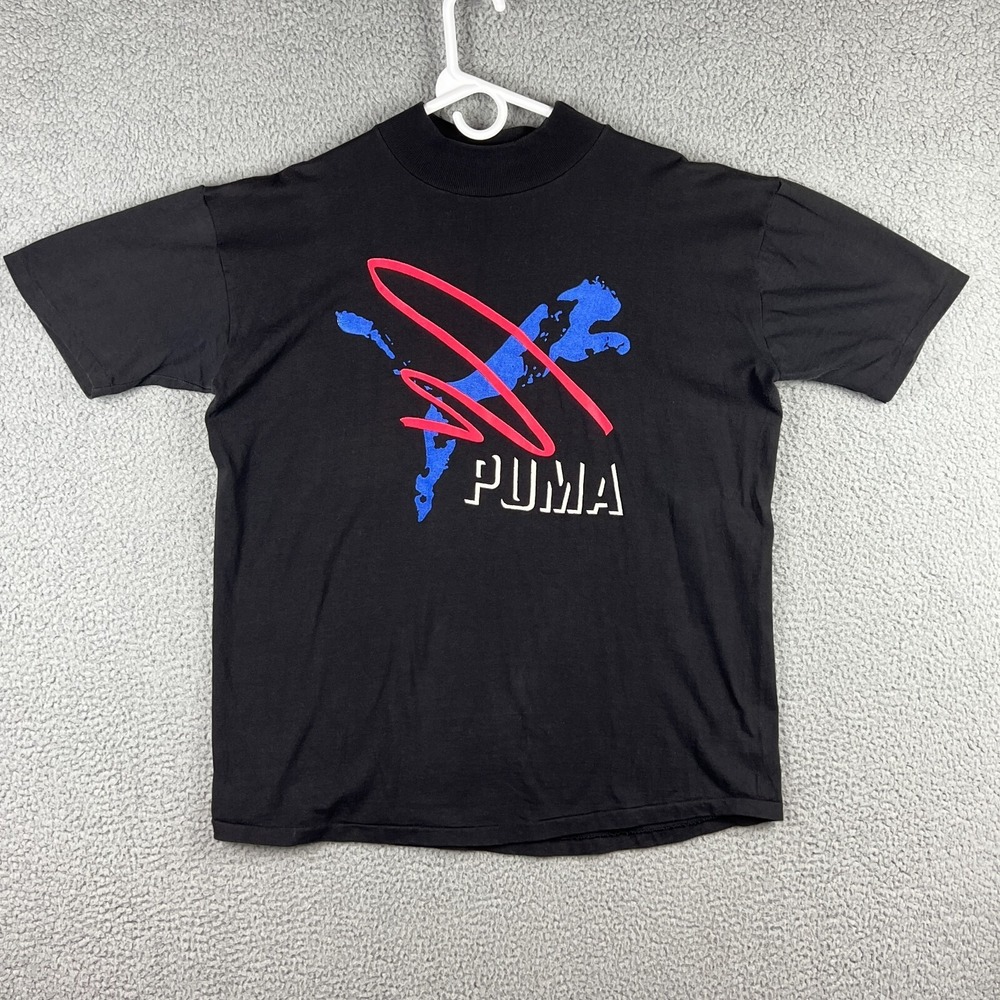 Vintage 80s PUMA T Shirt‎ Single Stitch Hick Mock Crew Neck Mens Large USA MADE